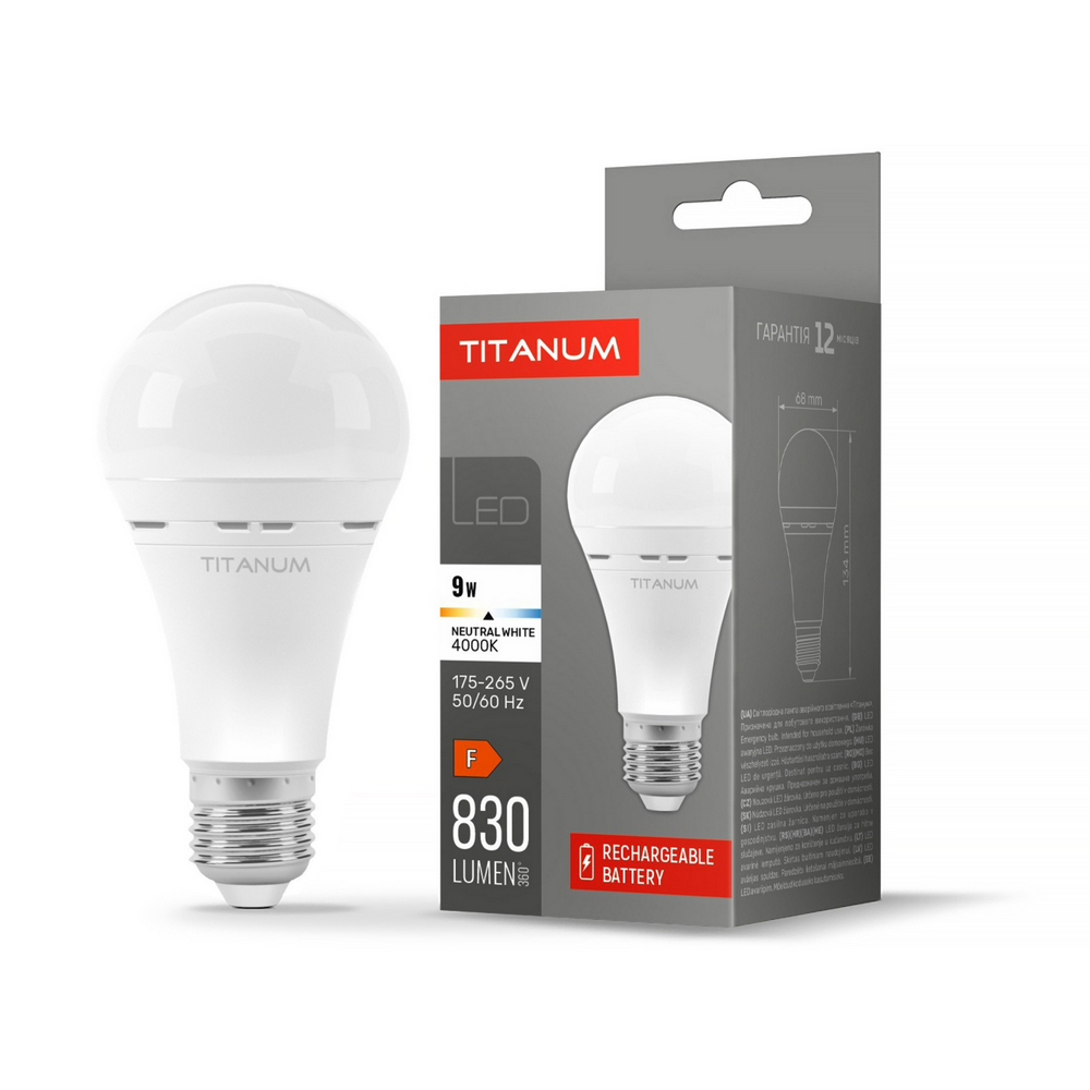 LED лампа аккумуляторная TITANUM A68 9W E27 4000K 220V