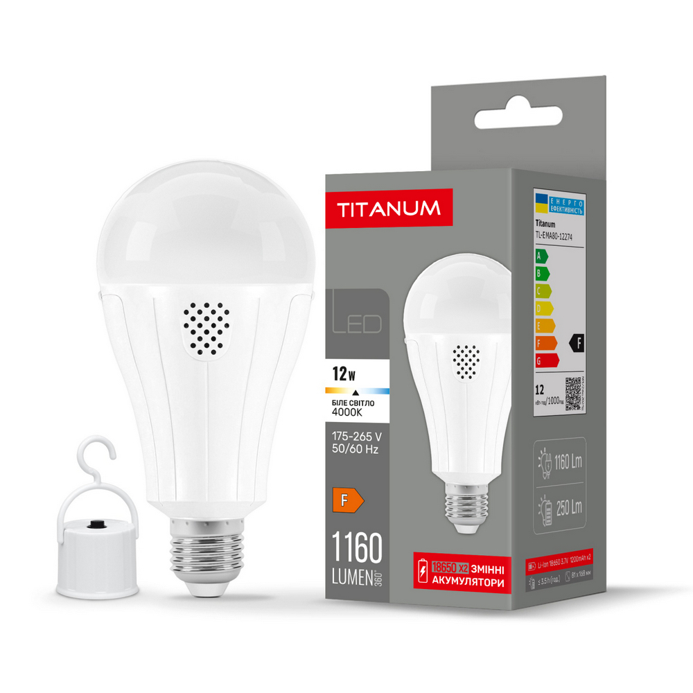 LED лампа акумуляторна TITANUM A80 12W E27 4000K 230V