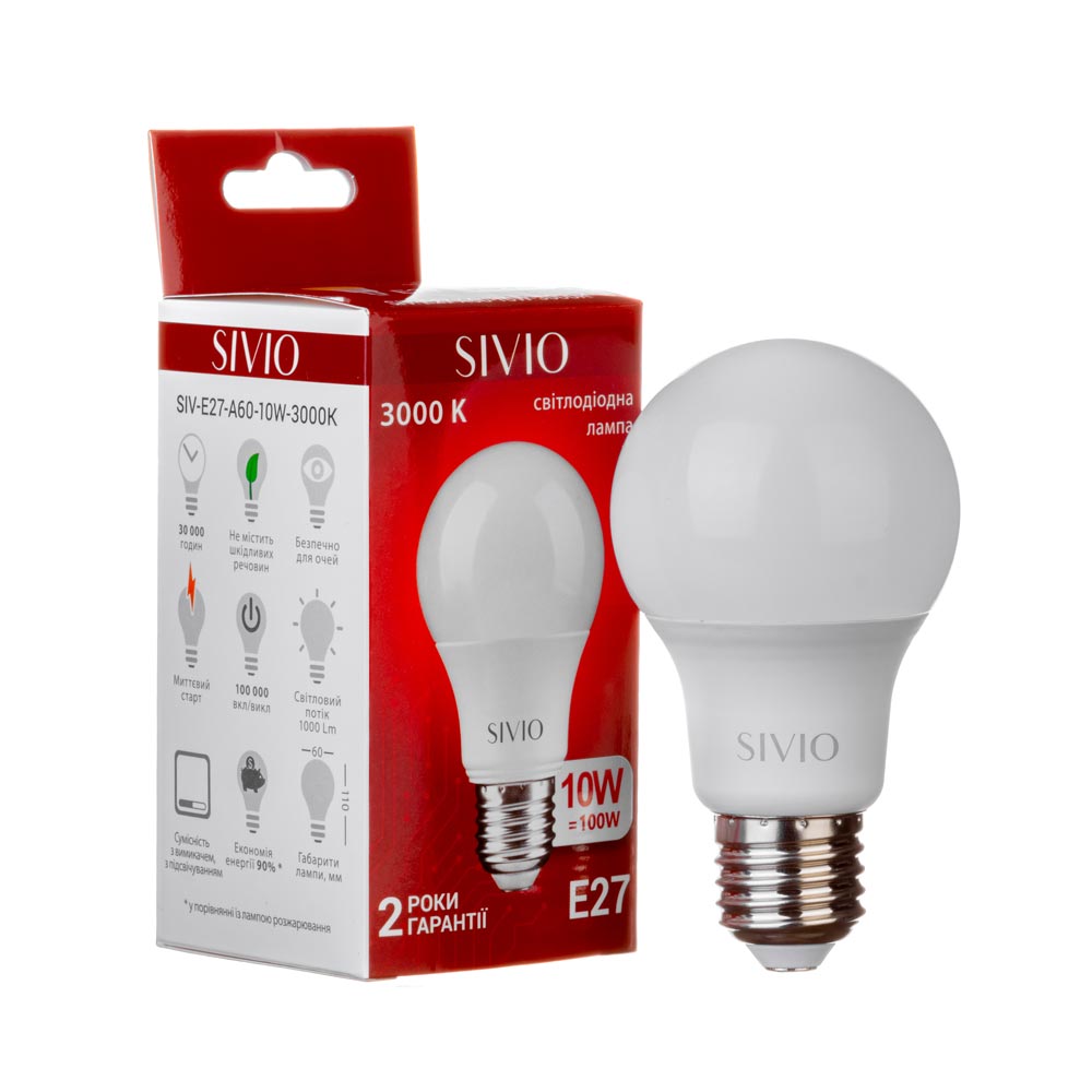 LED лампа Е27 А60 10W 3000К SIVIO