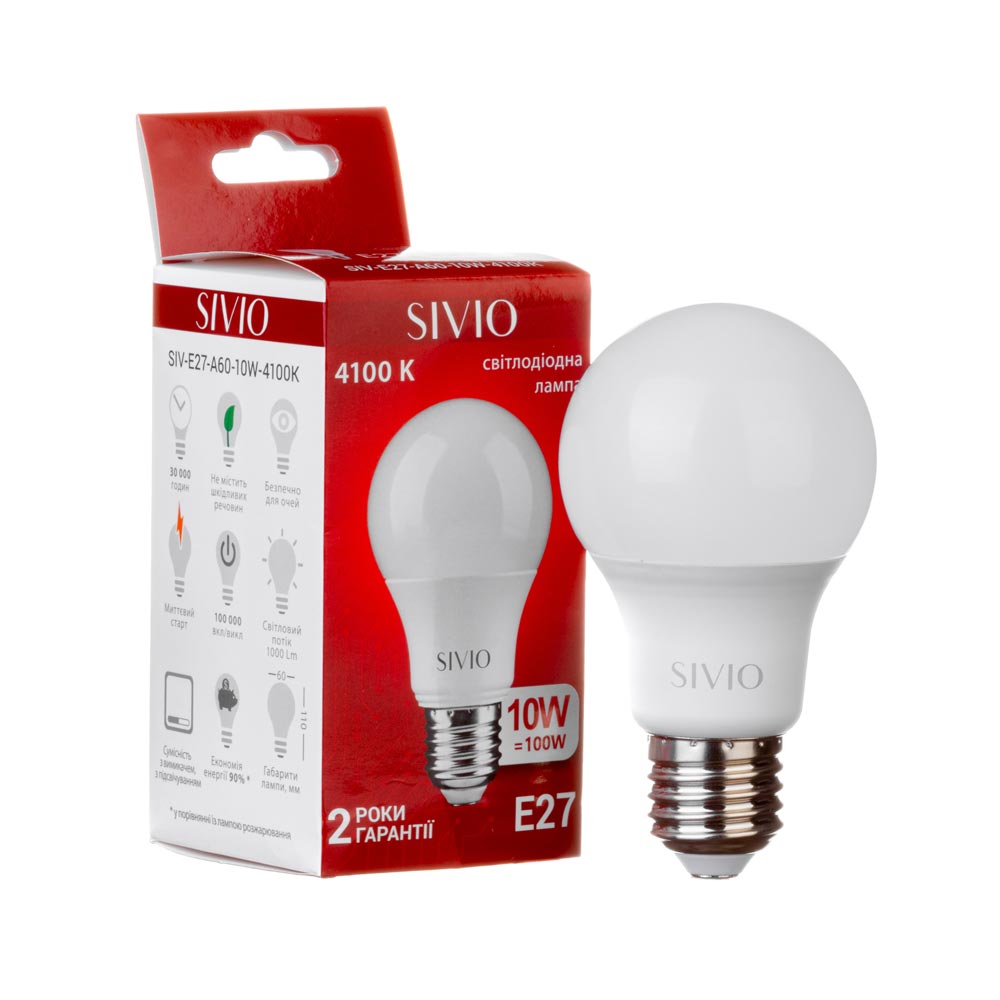 LED лампа Е27 А60 10W 4100К SIVIO