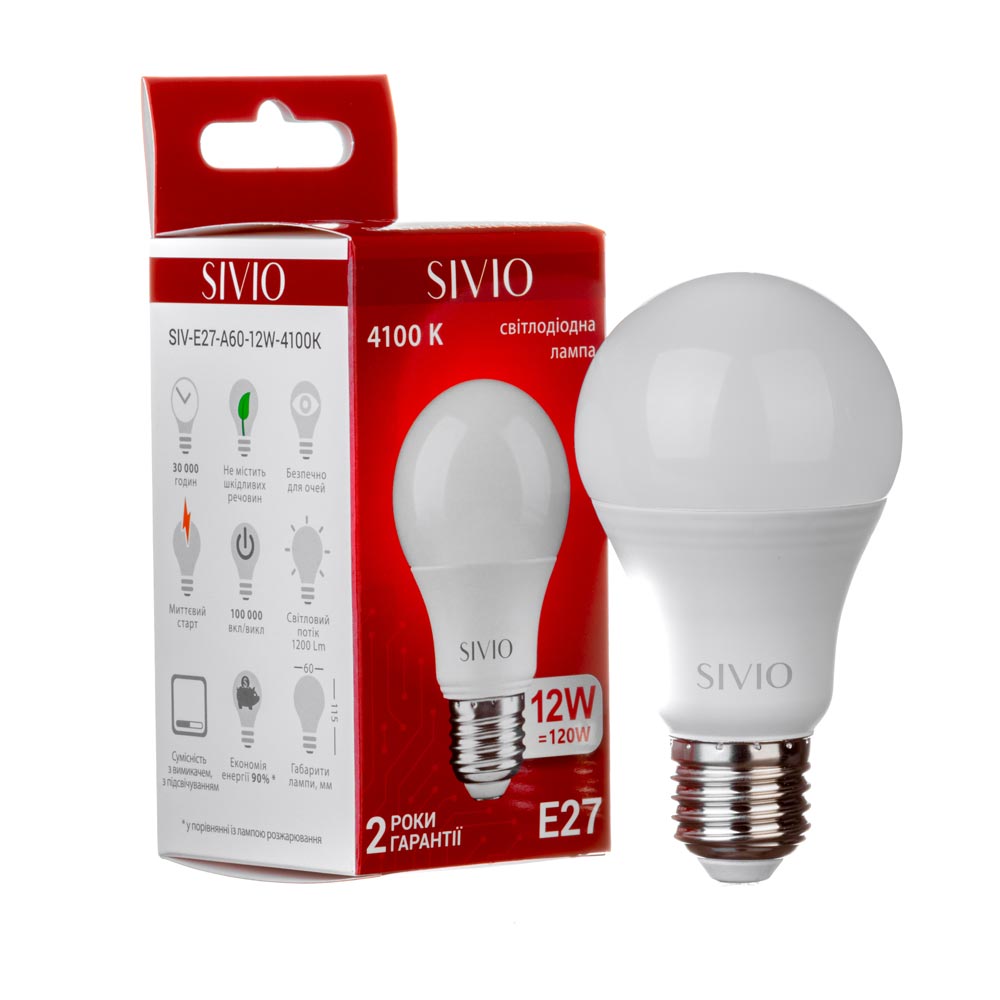 LED лампа Е27 А60 12W 4100К SIVIO