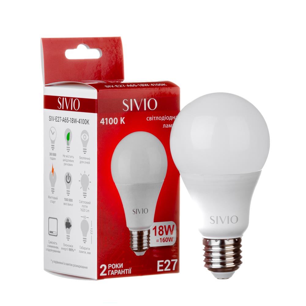 Светодиодная лампа Е27 А65 18W 4100К SIVIO
