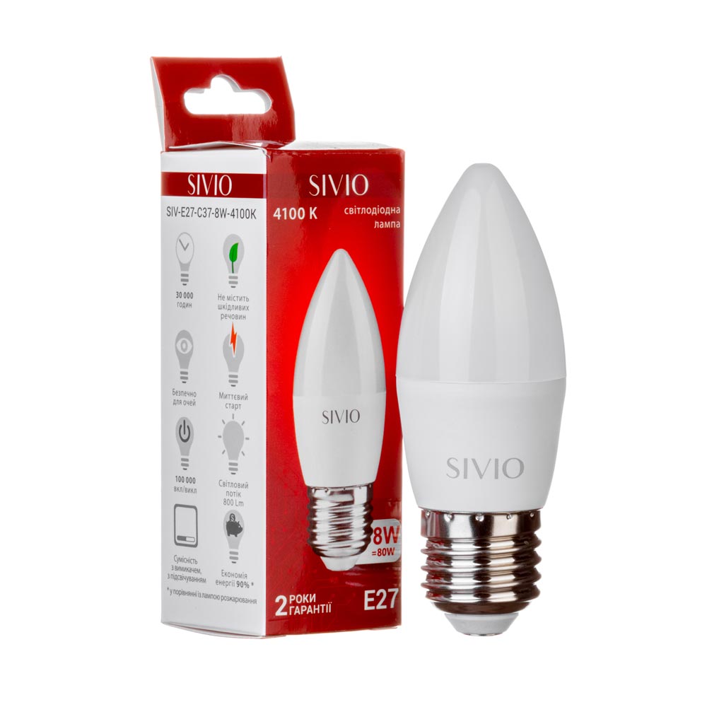 LED лампа Е27 С37 8W нейтральная белая 4100К SIVIO