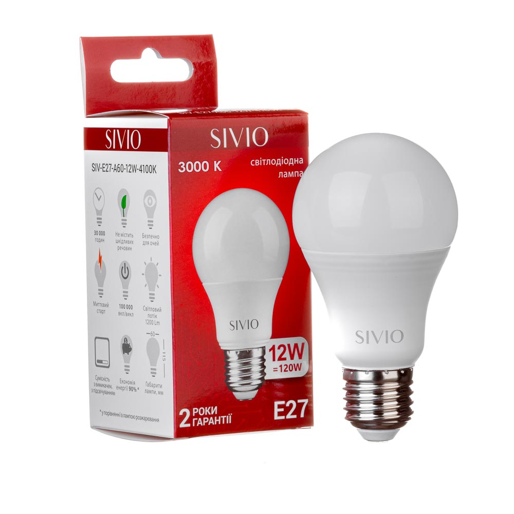 LED лампа Е27 А60 12W 3000К SIVIO