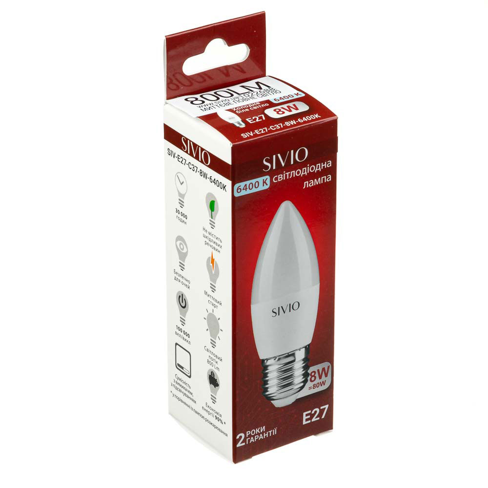 LED лампа Е27 С37 8W холодная белая 6500К SIVIO