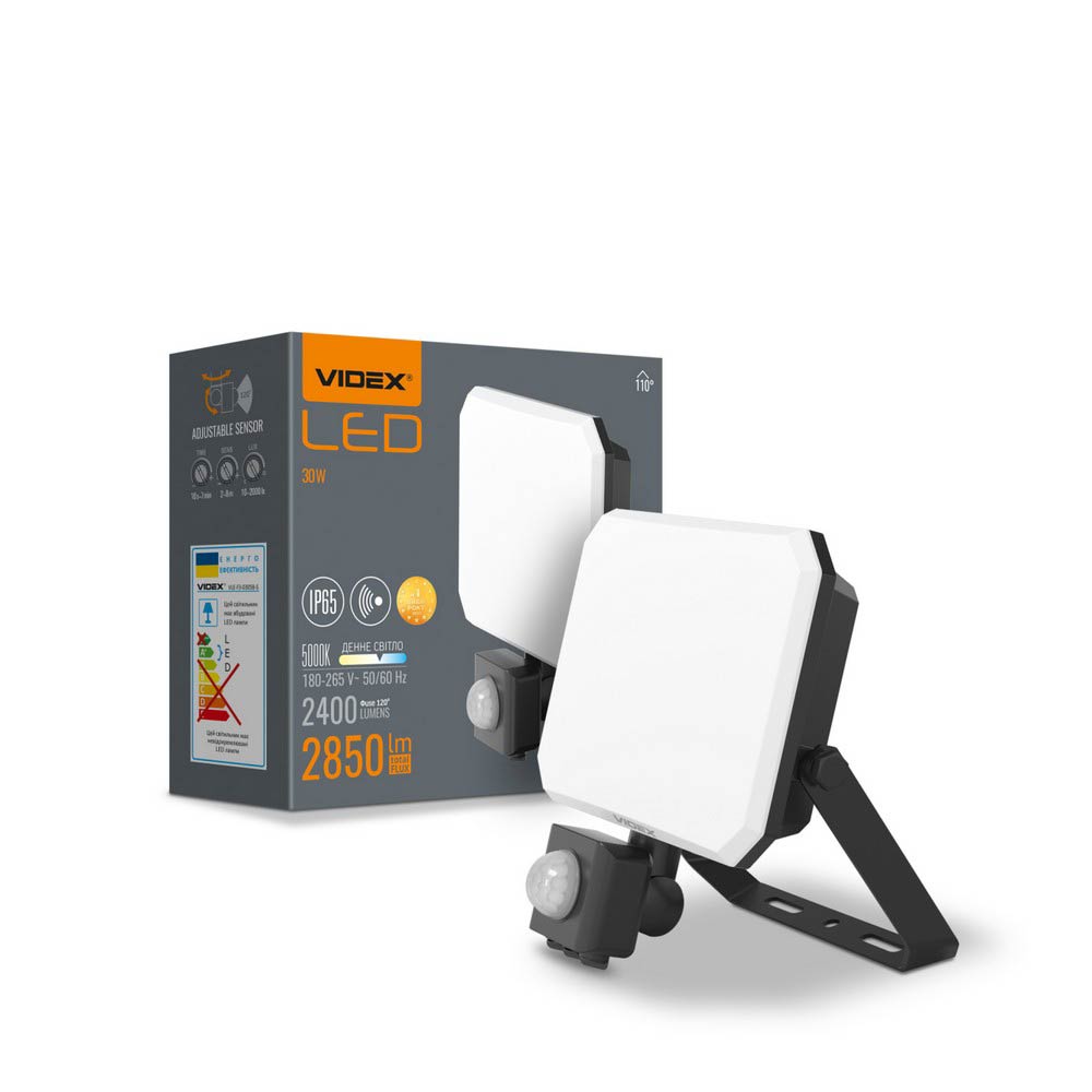 LED прожектор VIDEX F3 30W 5000K с датчиком движения 220V Black (VLE-F3-0305B-S)