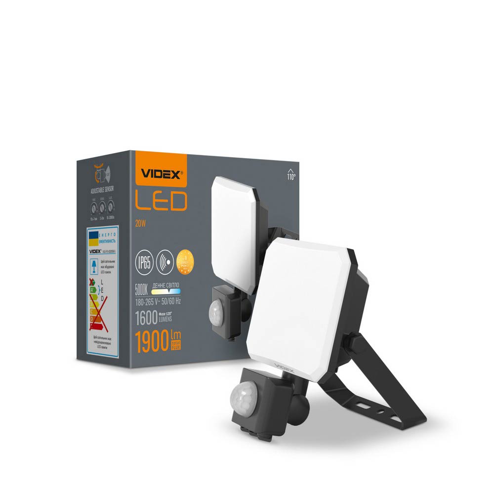 Светодиодный прожектор VIDEX F3 20 Вт 5000К с датчиком движения 220 В Черный (VLE-F3-0205B-S)